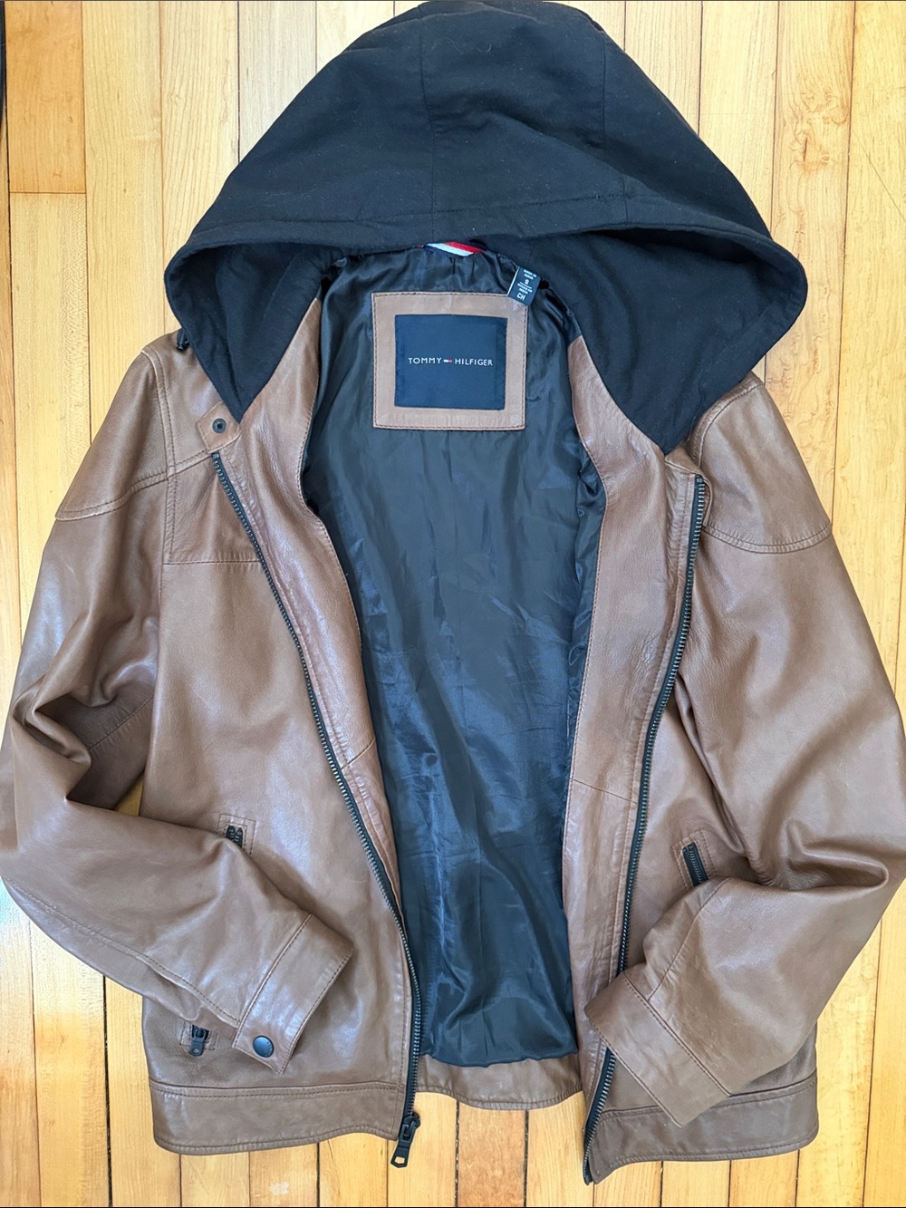 Tommy Hilfiger REAL Brown Leather Bomber Jacket with Black Removable Hood
